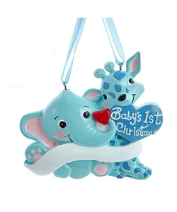 "Baby's 1st Christmas" Boy Elephant and Giraffe Blue Ornament