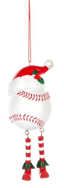 Baseball Holiday Ornament with Red Santa Hat & Dangly Legs
