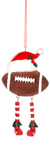 Football Holiday Ornament with Red Santa Hat & Dangly Legs