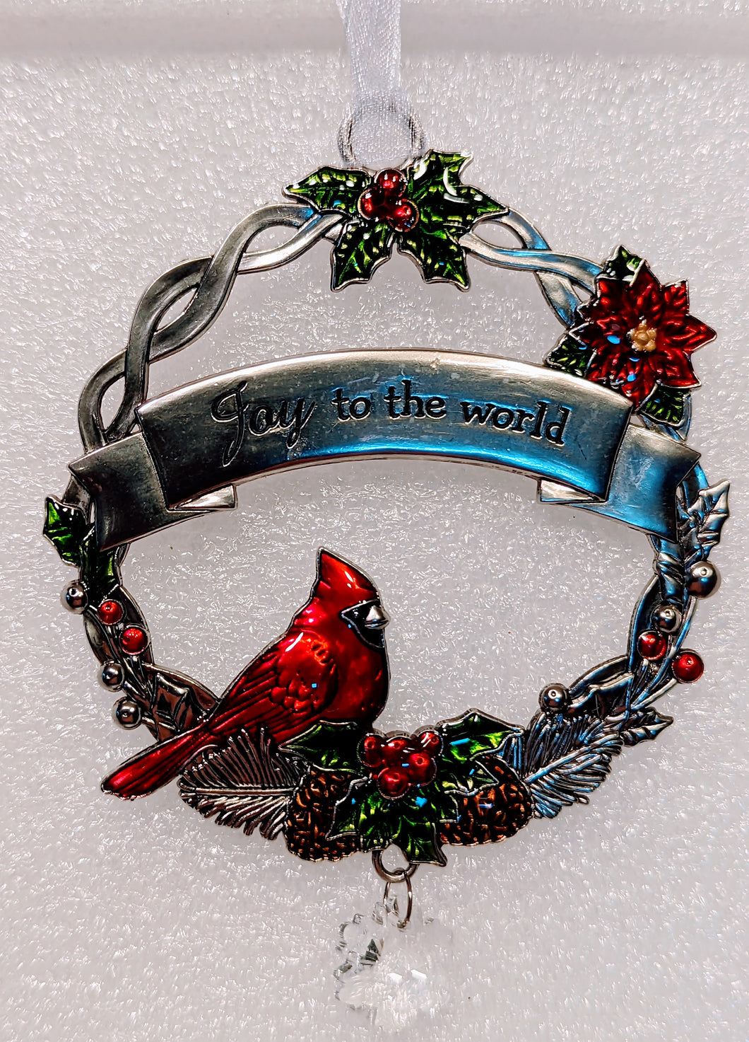 Silver Wreath Ornament with Red Cardinal & Holly - Joy To The World