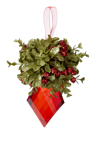Mistletoe Red Crystal Maple Leaf with Red Berries and Green Leaves Ornament