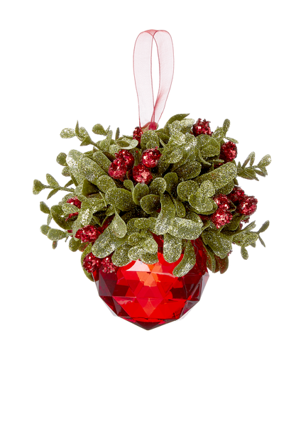 Mistletoe Red Crystal Facet Ball with Red Berries and Green Leaves Ornament