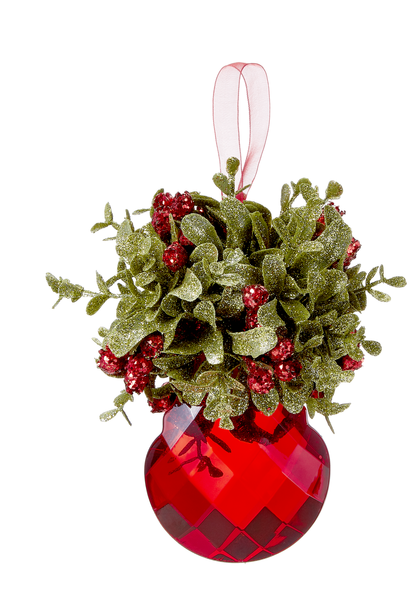Mistletoe Red Crystal Jewel with Red Berries and Green Leaves Ornament