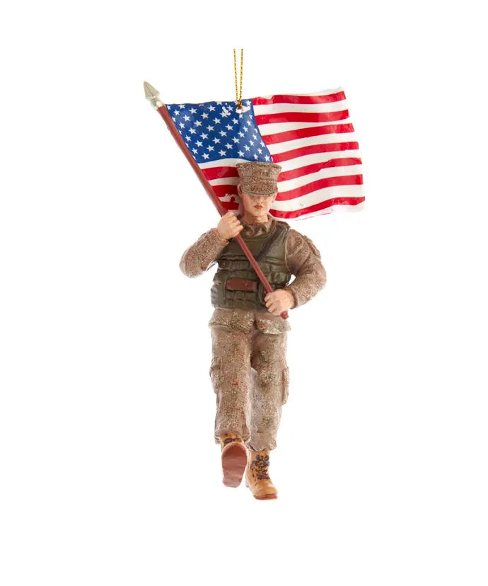 U.S. Marine Corp Soldier Ornament Holding American Flag