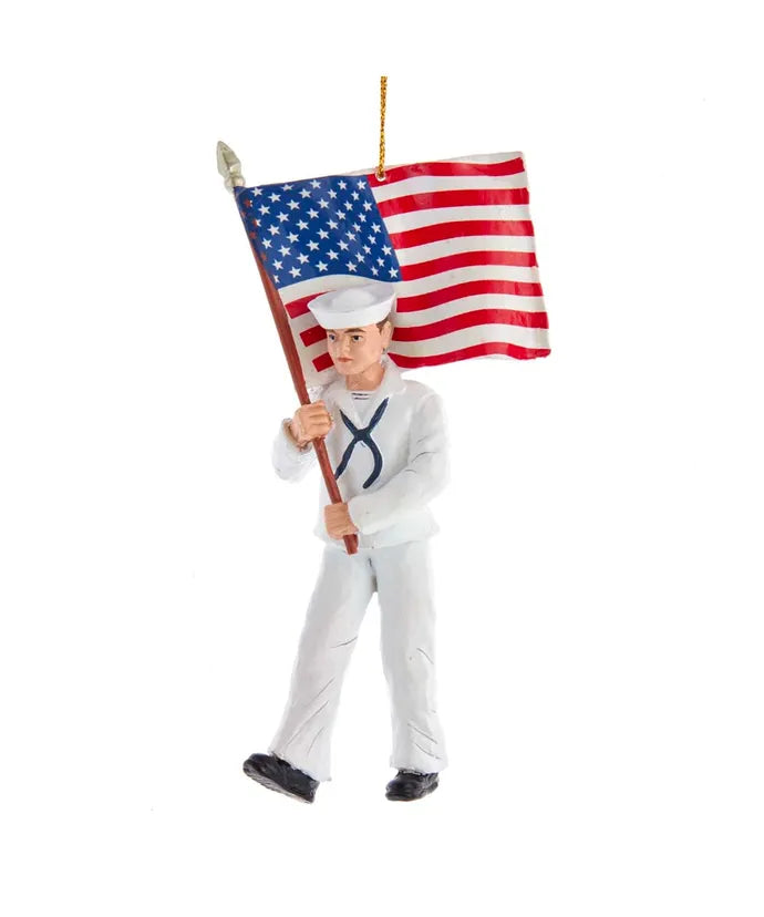 Navy Sailor Ornament Holding an American Flag