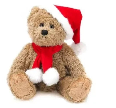 Plush Oatmeal Bear with Red Santa Hat & Red Scarf