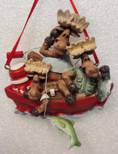 Load image into Gallery viewer, Resin Moose Family in Red Fishing Boat Ornament Assorted Styles 3.5&quot;
