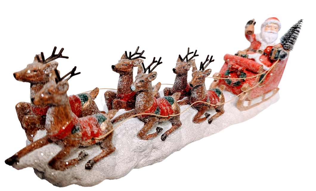 Glittered Santa in Sleigh with 6 Reindeer