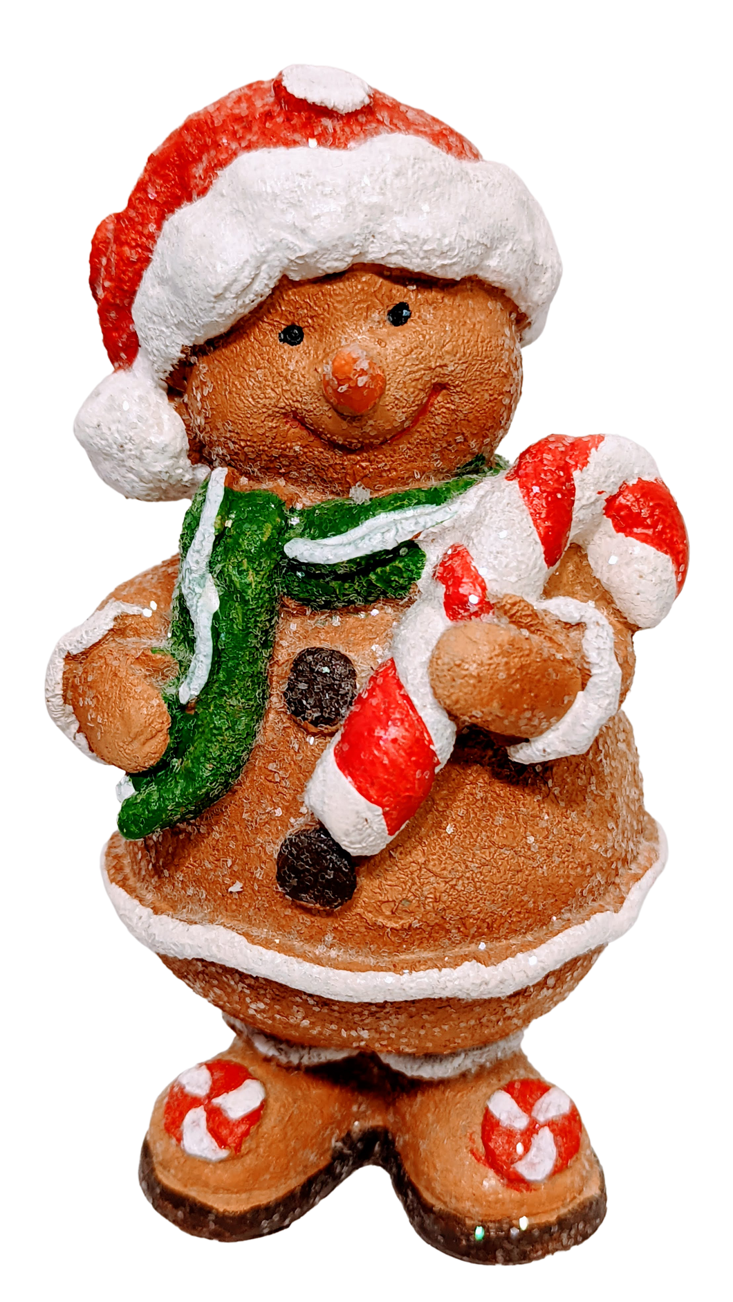Gingerbread Figurine with Red Santa Hat/Green Scarf Holding Candy Cane