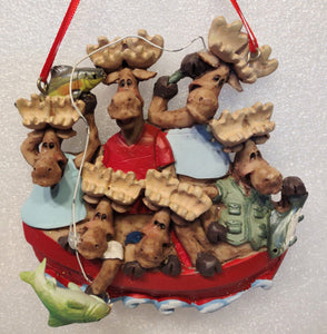 Resin Moose Family in Red Fishing Boat Ornament Assorted Styles 3.5"