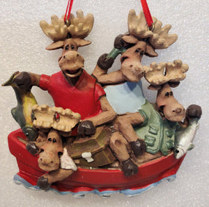 Resin Moose Family in Red Fishing Boat Ornament Assorted Styles 3.5"