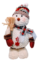 Load image into Gallery viewer, Plush Snowman with Winter Hat &amp; Scarf Holding Broom, Shovel or Skis
