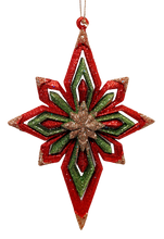 Load image into Gallery viewer, Red, Green and Gold Glittered Bethlehem Star Ornament Assortment see
