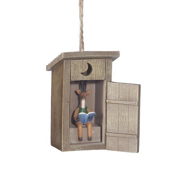 Outhouse Ornament with Deer Inside Reading Book