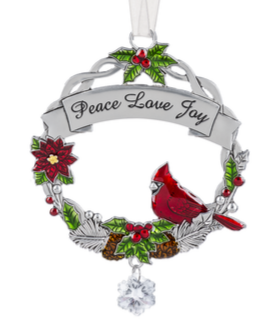 Silver Wreath Ornament with Red Cardinal & Holly - Peace Love Joy