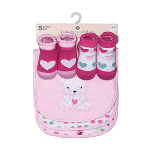 Pink Teddy Bear 5 Piece Bib & Sock Set