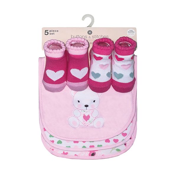 Pink Teddy Bear 5 Piece Bib & Sock Set