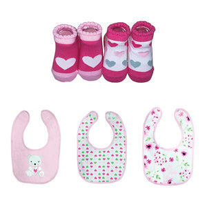 Pink Teddy Bear 5 Piece Bib & Sock Set