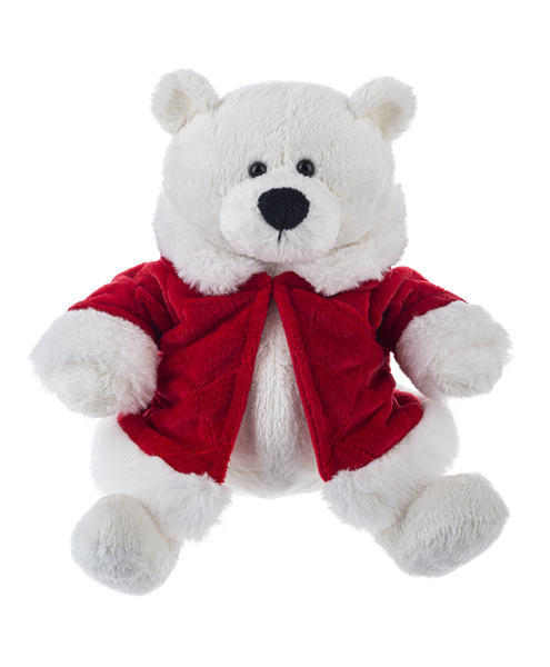 Plush White Teddy Bear Wearing Red Velvet Coat with Hood