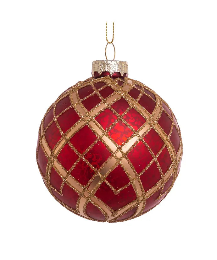 Red with Gold Plaid Glass Ornament