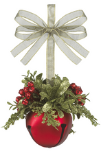 Load image into Gallery viewer, Red Or Gold Mistletoe Sleigh Bells Ornament with Greenery &amp; Red Berries
