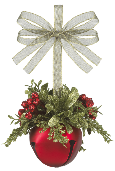 Red Or Gold Mistletoe Sleigh Bells Ornament with Greenery & Red Berries