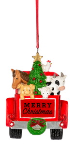 Red Truck Ornament with Farm Animals & Christmas Tree - Merry Christmas