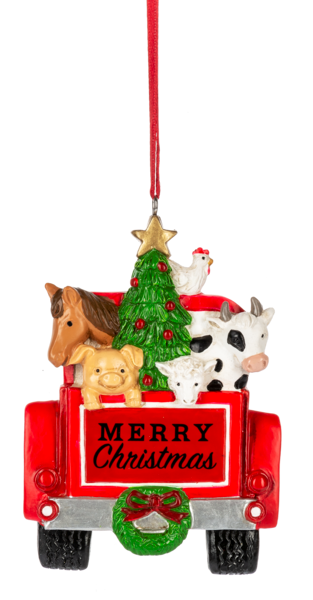 Red Truck Ornament with Farm Animals & Christmas Tree - Merry Christmas