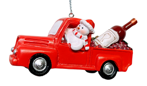 Red Truck Ornament with Snowman Driving & Bottle of Wine in Back