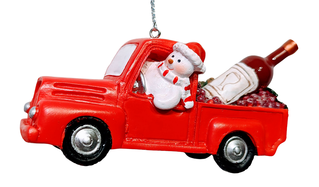 Red Truck Ornament with Snowman Driving & Bottle of Wine in Back