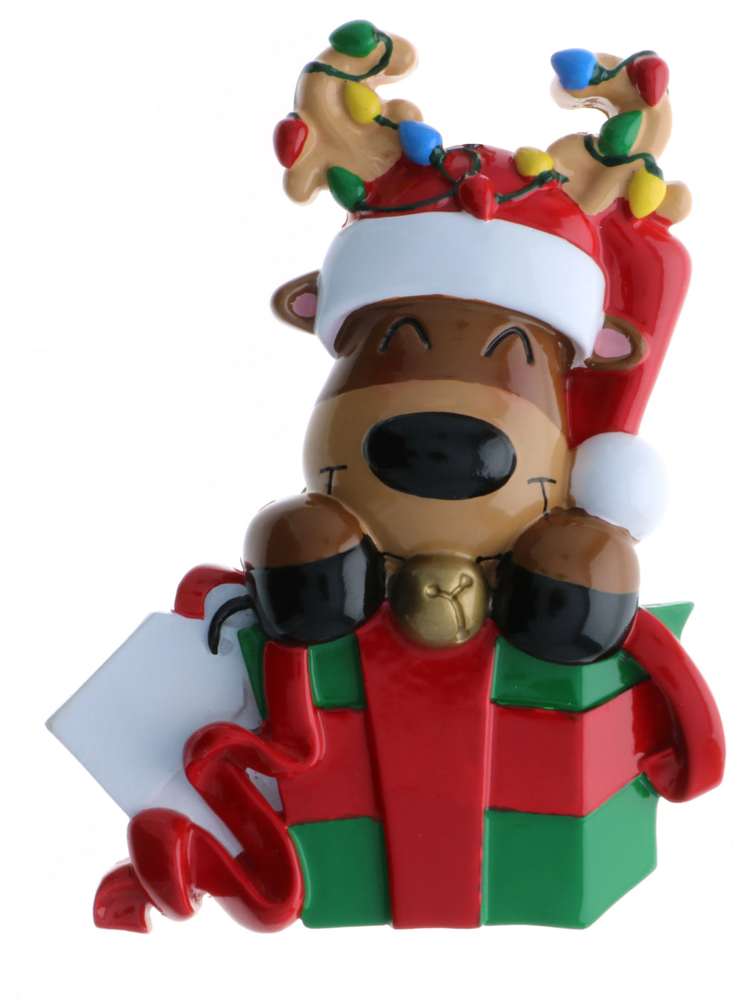 Reindeer Sitting on Red/Green Christmas Gift Ornament