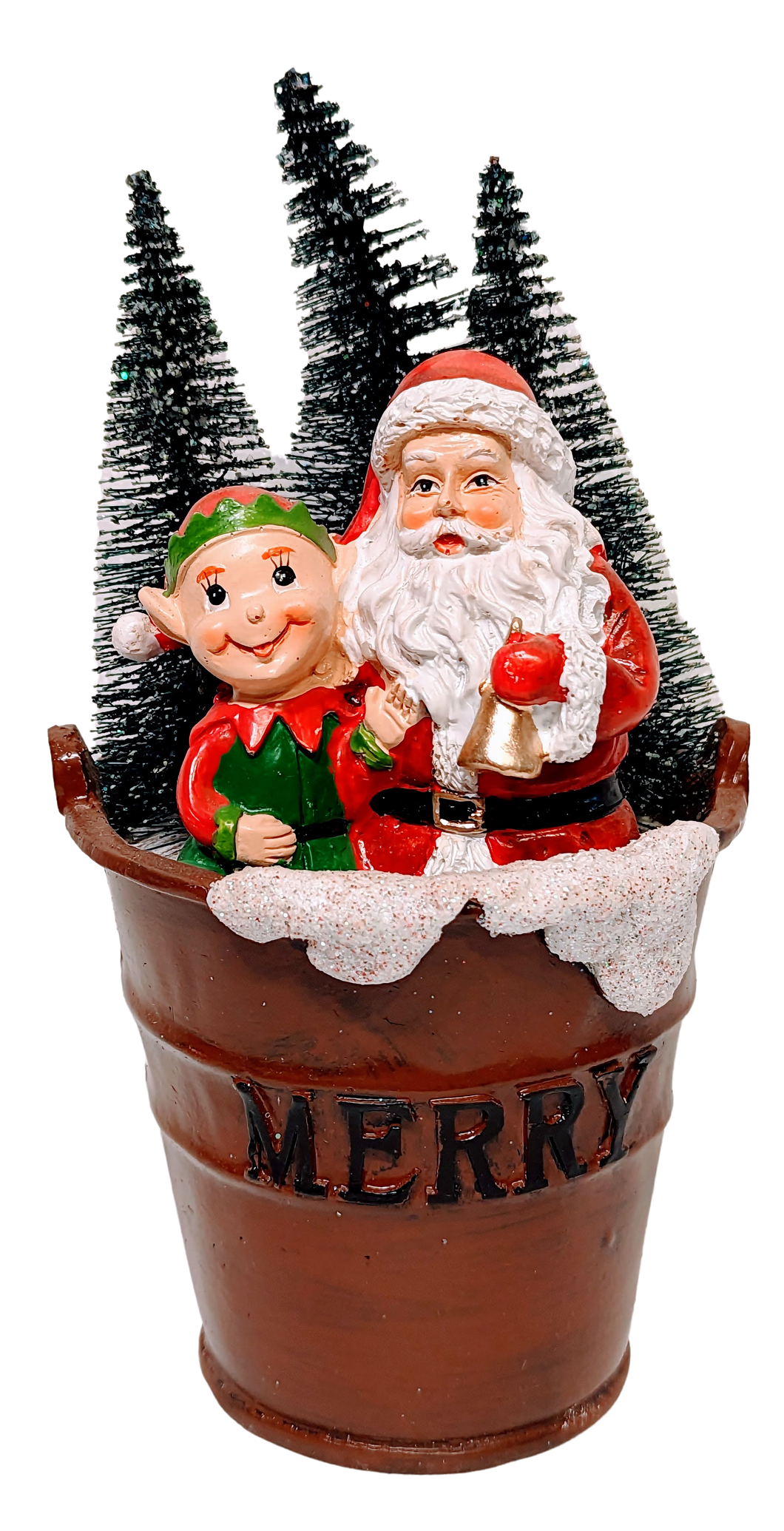 Santa & an Elf in a Brown Bucket with Evergreen Trees - Merry