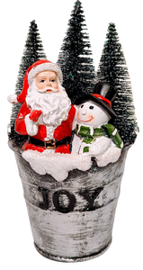 Santa & Snowman in Silver Bucket with Evergreen Trees- Joy
