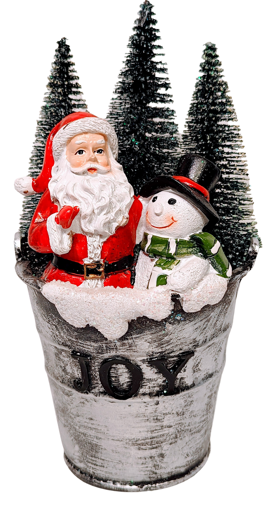 Santa & Snowman in Silver Bucket with Evergreen Trees- Joy