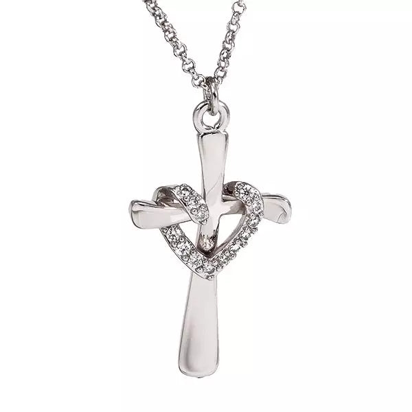 Ladies Silver Cross Heart Necklace