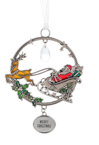 Silver Ornament with Santa In Sleigh - Merry Christmas