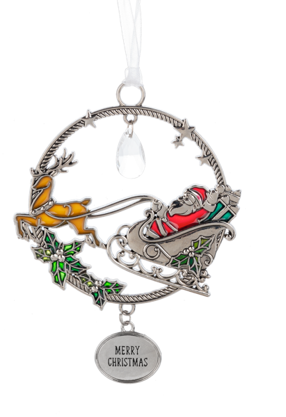 Silver Ornament with Santa In Sleigh - Merry Christmas