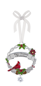 Silver Wreath Ornament with Red Cardinal & Holly - Merry Christmas