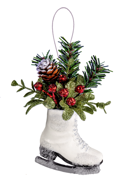 White Ice Skate Ornament with Mistletoe & Red Berries