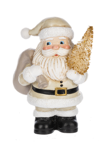 Cream/White Santa Figurine Holding Gold Christmas Tree- Small