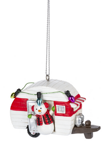 Snowman in Camper Ornament with Christmas Lights