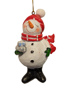Snowman Ornament with Red Hat/Red Scarf Holding Christmas Gifts