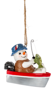 Snowman Fishing In a Boat Ornament