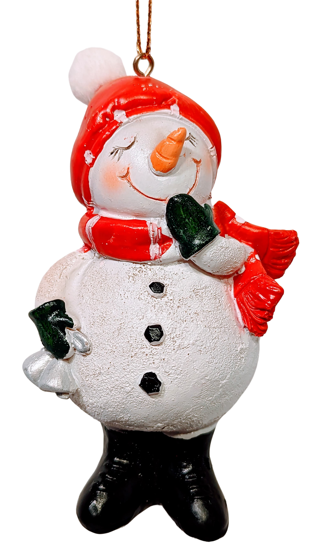 Snowman Ornament with Red Hat/Red Scarf Holding Silver Bells