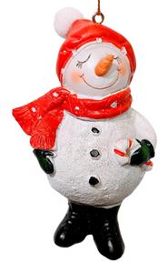 Snowman Ornament with Red Hat/Red Scarf Holding Candy Cane