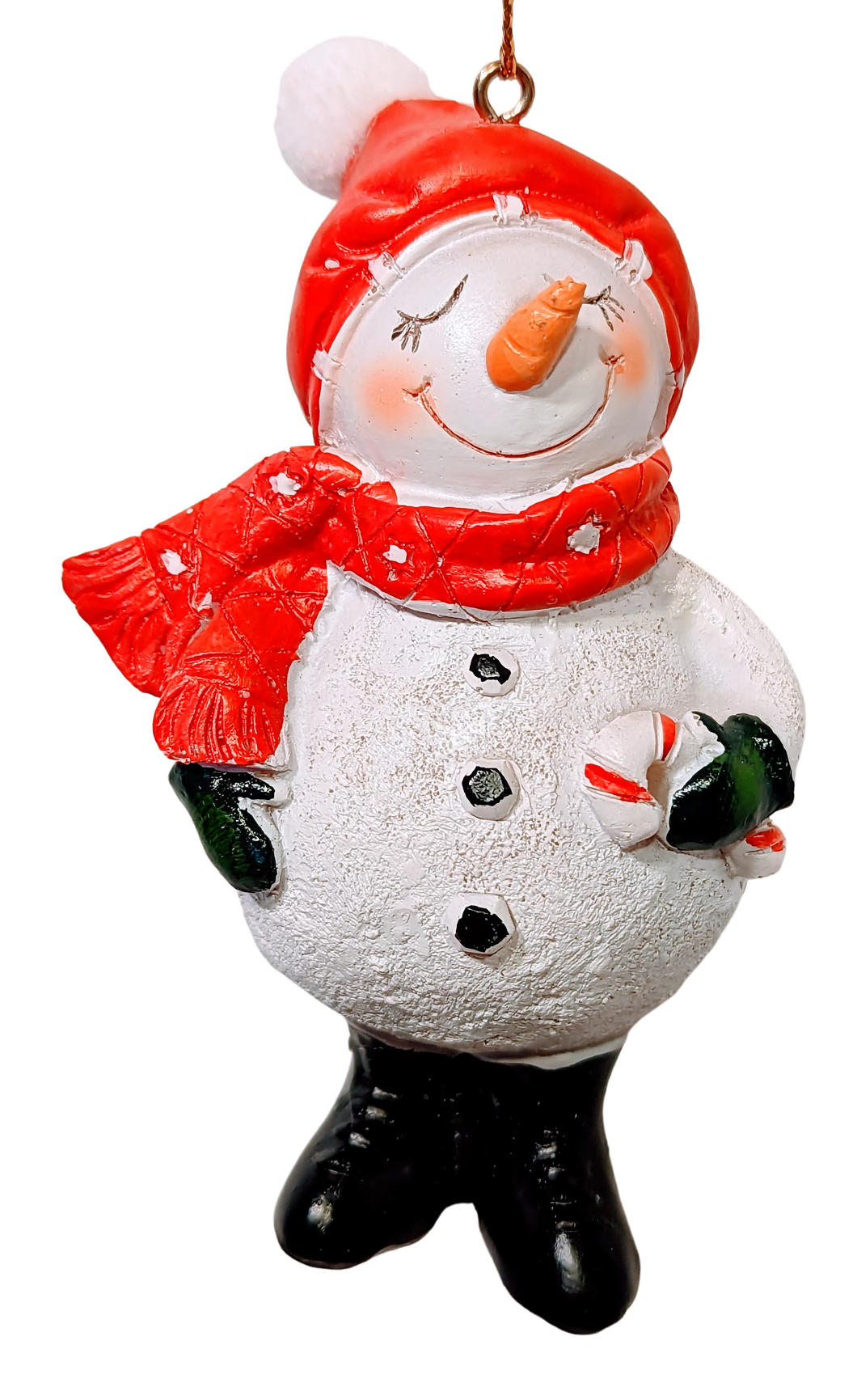 Snowman Ornament with Red Hat/Red Scarf Holding Candy Cane