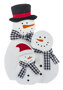 Wooden Snowman Family with Black & White Scarves
