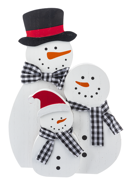 Wooden Snowman Family with Black & White Scarves