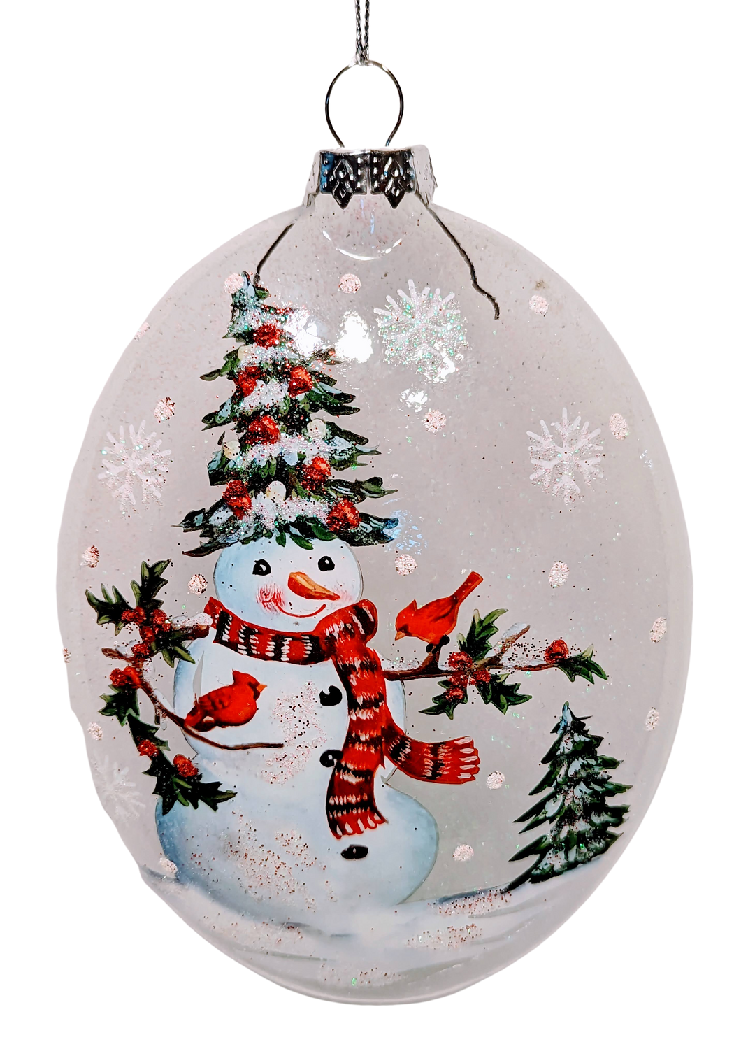 Glass Disc Snowman Ornament with Winter Scene & 2 Red Cardinals