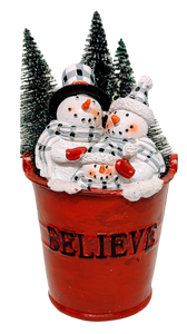 Snowmen In  Red Bucket with Evergreen Trees- Believe